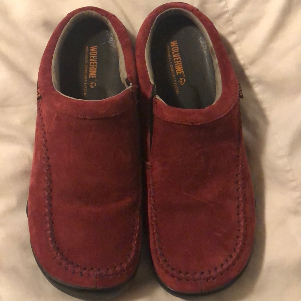 Wolverine red suede slip on clog moccasins